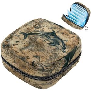 MUOOUM Vintage kaart dolfijn maandverband opbergtas menstruatie pad tas draagbare menstruatie cup zakje met rits voor tiener meisjes vrouwen dames