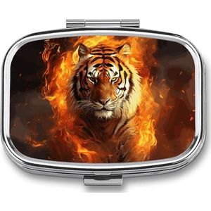 Pillendoosje met spiegel 2 compartimenten, coole tijger in vlam, pillendoosje voor portemonnee, wekelijkse pillenorganizer, reismedicijnkoffer, draagbare pillenhouder voor dagelijks gebruik