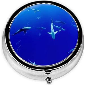 Haai Zwemmen Gedrukt Pil Organizer Pil Doos Pil Case Draagbaar voor Portemonnee Pocket Ronde Metalen Pil Houder Organizer voor Dagelijkse Geneeskunde