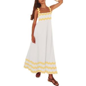 Dames zomer maxi-jurk casual boho mouwloze spaghettibandjes gesmokte lange strandzonjurken(Color:Yellow White B,Size:Large)