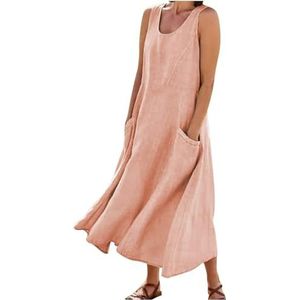 Maxi Dress for Women, Trendy Sleeveless Cotton Linen Dress, Casual Loose Flowy Ruched Sundress with Pockets (XL,07)