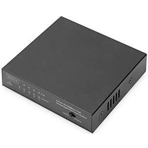 DIGITUS 5-poorts Fast Ethernet PoE netwerkswitch - onbeheerd - 4x-poorts PoE RJ45 - 1x-RJ45 Uplink - 60W PoE budget - 10/100 Mbps - 250m bereik - zwart