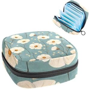Draagbare maandverband Opbergtas, Menstruatie Cup Pouch Vrouwelijke Menstruatie Pads Tas voor Tiener Meisjes, Tampons Eerste Periode Kit, Leuke Kleine Crème Bloemen op Licht Groenblauwe Achtergrond