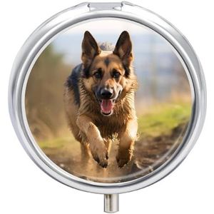 Running Duitse Herder Hond Pillendoos Waterdichte Draagbare Geneeskunde Pil Case Vochtbestendig Metalen Reizen Pillendoos met 3 Compartimenten Medicijnkoffer