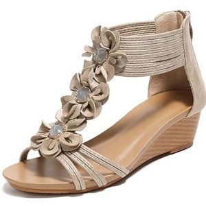 Wedgesandalen Voor Dames 2 Inch Bohemia Flower Open Toe Sandalen Retro Etnische Stijl Casual Zomer Ademend Strand Sandalen(Apricot,42 EU)