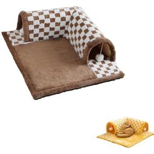 2-in-1 Grappig Pluche Geruit Geruit Kattentunnelbed, Kattentunnels Voor Binnenkatten, Wasbare Kattenspeeltunnel Binnen, Kattentunnel Kattenbed Voor Alle Seizoenen (XL,brown)