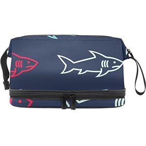 Grote capaciteit reizen cosmetische tas,Make-up tas,Waterdichte make-up tas Organizer, Haaien Oceaan Zee, Meerkleurig, 27x15x14 cm/10.6x5.9x5.5 in