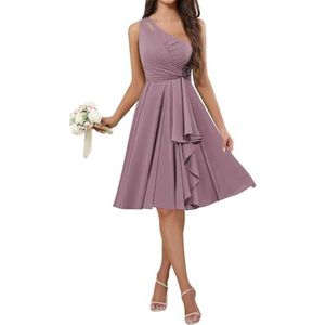 HPPEE Damesjurken met één schouder voor bruidsmeisjes voor junioren ruches chiffon korte avondjurk formele jurk, Wisteria, 32