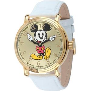 Disney Heren Mickey Mouse horloge met zwarte band, Wit leder, Quartz Beweging