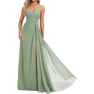 Prinses Bruidsmeisjes Jurken Spaghetti Bandjes Galajurken Chiffon Formele Avondfeest Maxi Jurk met Split ZM210, Sage Groen, 32