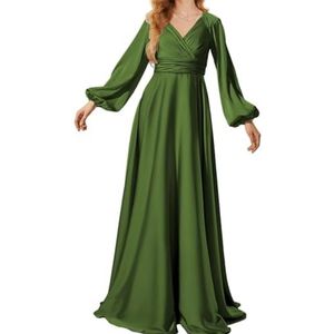 Prinses Bruidsmeisje Jurken Lange Mouw Galajurken V-hals Satijn Formele Avondfeest Maxi Jurk ZM199, Olijfgroen, 32