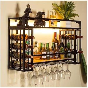 WEITINGKKK Wandmontage Wijnrek Bar Planken, Opknoping Wijnrek Met LED Licht Metalen Fles Houder Wijn Opslag Display Plank Voor Thuis Bar Eetkamer Keuken