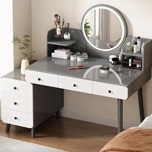 Kaptafel,Make-up Kaptafel Met 6 Laden En Spiegel Met Verstelbare Helderheid,veel Opbergruimte,open Plank,Landelijk Rustiek(Gray)