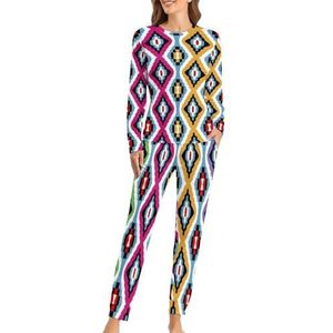 Gekleurde etnische textuur zachte dames pyjama lange mouw warme pasvorm pyjama loungewear sets met zakken 3XL