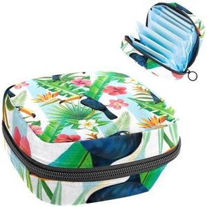 Opbergtas voor maandverband, maandverband, menstruatiecup zakje, organizer voor vrouwelijke pads, tampons, regenwoud toekan, roze bloemen, tropische bladeren