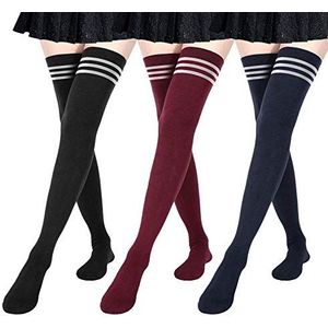 DRESHOW 3 Paar Dames Extra lang Casue Dames Kniekousen Overkniekousen Lange Gestreepte Sokken Thigh High Sokken Sportsokken