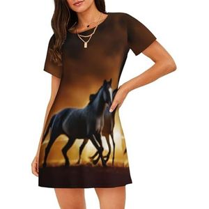 Damesnachthemd met korte mouwen, nachtjapon, paarden, rode gloeiende wolken, 3D-print, zacht, comfortabel, casual nachtkleding, ademend en lichtgewicht zomerslaapshirt, 3 D, S