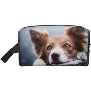 Bruine Border Collie Bokeh God met Gele Ogen, Make-uptas Cosmetische Tas Draagbare Reizen Toilettas Make-up Pouch Organizer, zoals afgebeeld, Eén maat