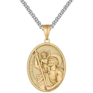 St. Michael/Saint Christopher Kettingen for Mannen Vrouwen RVS Bijbelse Aartsengel Ovaal Schild Hanger, Katholieke Amulet Medaille Bescherming Sieraden (Color : Gold_60cm)