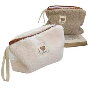 Grote Capaciteit Leuke Pluche Reizen Cosmetische Lippenstift Opbergtas Vrouwen Make-up Kits Handtassen Organizer Portemonnee Etui Pouch Tas, Wit, Eén maat