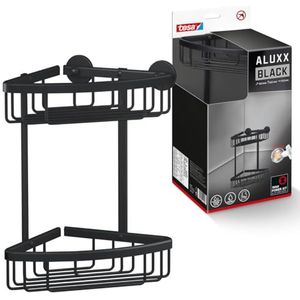 tesa ALUXX BLACK doucherek met twee verdiepingen voor wandmontage zonder boren, mat zwart - voor industriële stijl en moderne badkamer - met lijmoplossing - 163 mm x 260 mm x 170 mm