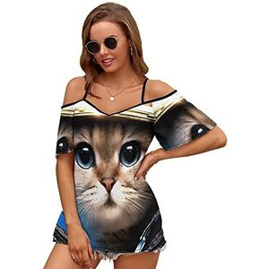 Ruimte Kat Vrouwen Blouse Koude Schouder Korte Mouw Jurk Tops T-shirts Casual T-shirt L