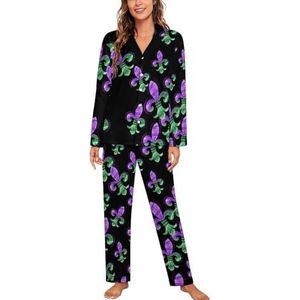 Geschilderde Fleur De Lis Pyjama Sets met lange mouwen voor Vrouwen Klassieke Nachtkleding Nachtkleding Zachte Pjs Lounge Sets