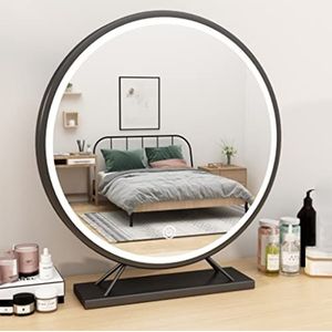 Vrijstaande desktop make-up spiegel met LED-verlichting, ronde grote make-up spiegel voor slaapkamer, metalen frame ijzeren kunst vrijstaand, rond (kleur: zwart vanity spiegel, maat: 40 x 45 cm)