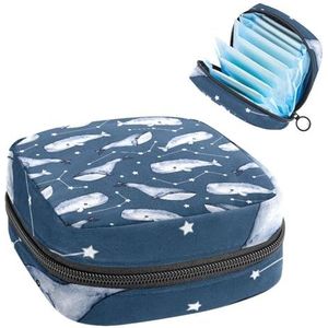 Opbergtas voor maandverband, maandverband, menstruatiecup zakje, menstruatiezakorganizer voor vrouwelijke pads, tampons, aquarel walvissen en sterren