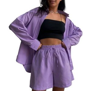 Leader of the Beauty Dames zomer tweedelige outfit lange mouw shirt top en shorts broek sets casual gym sportkleding sets, Paars, S