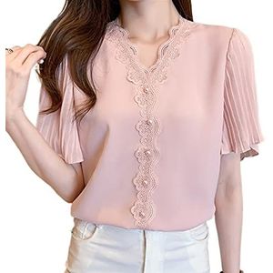 HJUGHPN Elegante damesblouse met V-hals, chiffon damesshirt met korte mouwen, roze, XXL