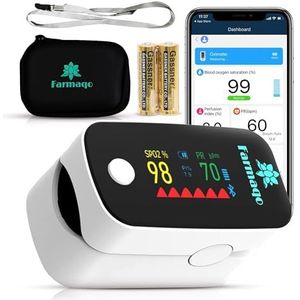 FARMAQO Saturatiemeter/Pulse Oximeter met Bluetooth & App – SpO₂, Hartslag (PR) & PI-waarde, OLED-kleurenscherm, incl. batterijen & etui – CE-gecertificeerd