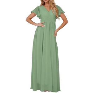 Bruidsmeisjesjurken met korte mouwen voor bruiloft, geplooide chiffon, formele avondfeest, maxi-jurk, V-hals, AH153, Stoffige Salie, 32