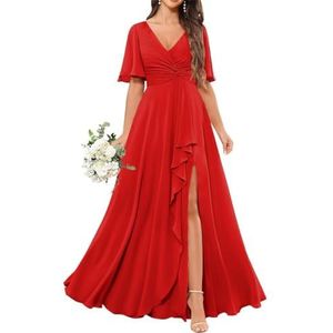 Chiffon bruidsmeisjesjurken voor dames, met spleetplooien, formele avondjurken, grote maten, Rood, 32