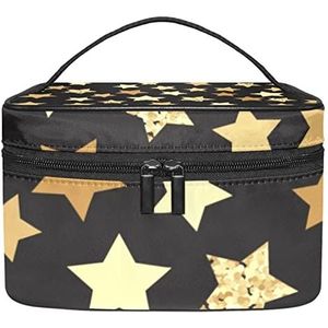 Geschilderd zonnebloemen patroon bloeiende make-up tas voor vrouwen meisjes cosmetische tassen met handvat reizen make-up organizer tas, Gouden Geel Sterren Patroon Zwart, 8.9x5.9x5.4 Inches, Make-up zakje