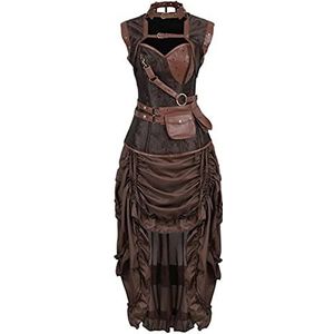 CHUNNUAN Dames steampunk korset jurk piraat shirt gotisch korset lingerie top burlesque onregelmatige rok Halloween kostuum grote maat S-6XL-2081bruin 6388bruin, M