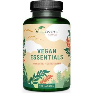 Vegavero Vegan Essentials Vitamine complex | Vitaminen A, B12, B2, D3 + K2, foliumzuur, ijzer, selenium, jodium, calcium | Laboratoriumgetest, geen toevoegingen