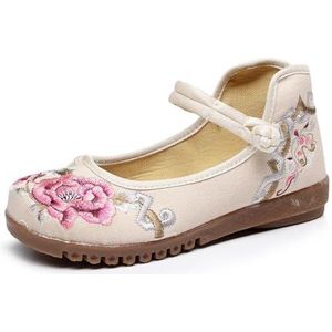 Dames Bloemen Handgemaakte Geborduurde Platte Schoenen Chinese Traditionele Stijl Enkelband Schoenen Cheongsam Walk Show Yoga Ballet Schoenen Casual Slip-On Schoenen(Beige,37 EU)