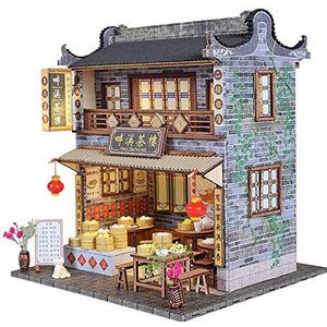 XLZSP DIY Chinese 3D Poppenhuis Oude Architectuur Handgemaakte Mini Houten Huis Miniatuur Poppenhuis Meubels Set Kinderen Speelgoed Nieuwjaar Verjaardag Bruiloft Gift (Panxi Theehuis)