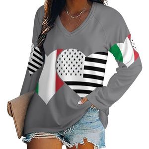 Italiaanse vlag en zwarte Amerikaanse vlag dames V-hals shirt lange mouwen tops casual losse pasvorm blouses