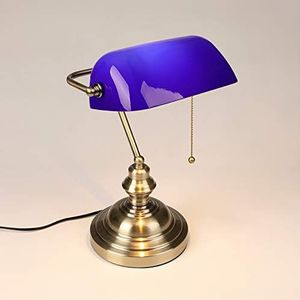WRMING Vintage bureaulamp met schakelaar, retro traditionele bureaulamp, leeslamp, bibliotheeklamp voor slaapkamer, studeerkamer, woonkamer, instelbare glazen kap, brons, E27, blauw