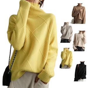 Kasjmier coltrui dames, dames gebreide geribbelde pullover trui, dikke pullover tops met lange mouwen, los (Small,Yellow)