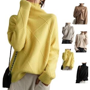 Kasjmier coltrui dames, dames gebreide geribbelde pullover trui, dikke pullover tops met lange mouwen, los (Medium,Yellow)