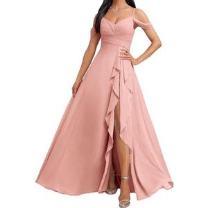 HPPEE Koude Schouder Bruidsmeisjes Jurken met Split Ruches A-lijn Chiffon Formele Avondfeestjurk, Stoffige Roos, 32