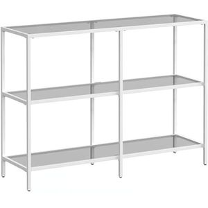 VASAGLE LGT027W01 Consoletafel, rek, 3 planken van gehard glas, haltafel, 30 x 100 x 73 cm, metalen frame, modern, voor hal, woonkamer, slaapkamer, parelwit-leigrijs