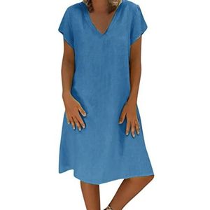 Kashyke Damesjurk, zomer, licht, grote maten, linnen jurk, luchtig, knielang, boho, T-shirt, jurk, Italiaanse jurk, elegante strandjurk, vrijetijdsjurk, zomer, partyjurk, #1-blauw, XL