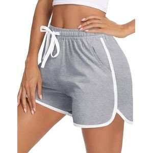 Aseniza Dames Sportshorts Running Shorts met Zakken Activewear Pyjama Shorts Katoen Slaap Lounge Shorts Gestript met Trekkoord Workout Gym Yoga Korte voor Vrouwen, Grijs, XL