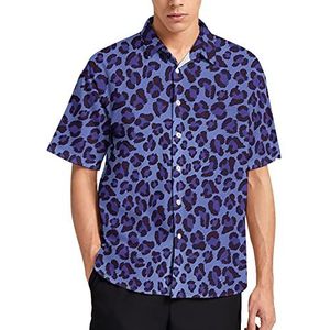 Blauw luipaardprint heren T-shirt met korte mouwen casual button down zomer strand top met zak