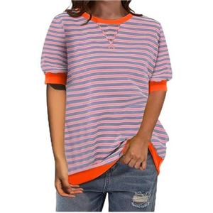 2024 Gestreept Shirt Dames Colorblocked Oversized Gestreepte Korte Mouw Gedrukt Ronde Hals T-shirt Eenvoudige Losse Trui Korte Mouw T-shirt (Color : Striped Orange, Size : XXL)
