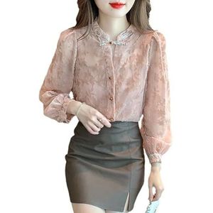 ROUZIHU Retro Top Fluwelen Bloem Lange Mouwen Shirt Vrouwen Stand-up Kraag Button-Down Los Shirt voor Vrouwen, 1 kleur, XL